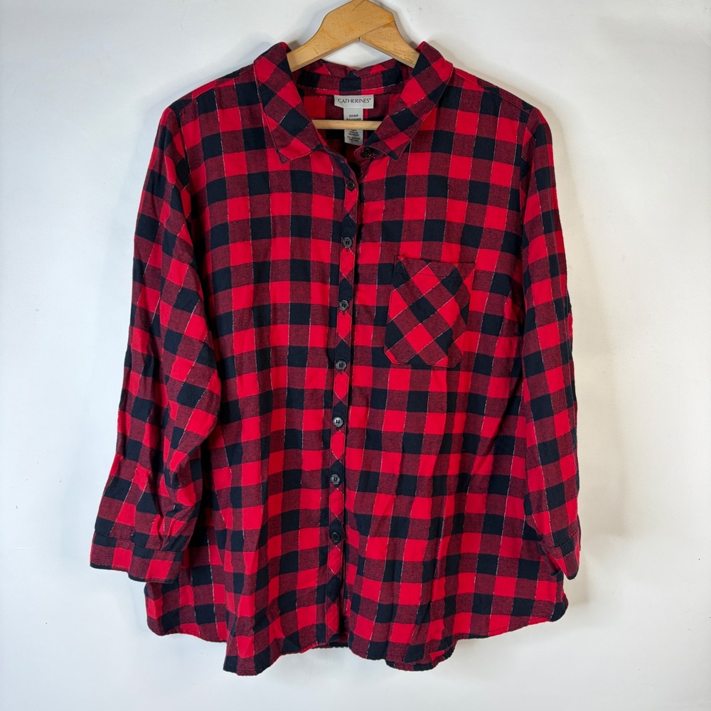 Catherines Button Down Shirt Women 2XWP Red Buffalo Plaid Metallic Lurex